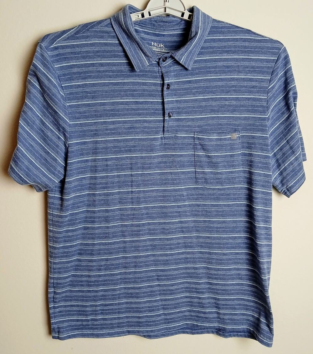 HUK Polo Men's 2XL Blue White Striped Performance Stretch Fishing Shirt